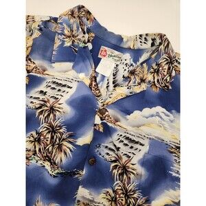 Hilo Hattie‎ Hawaiian Shirt Men's 3XL Blue Short Sleeve Floral Palm Trees Beach